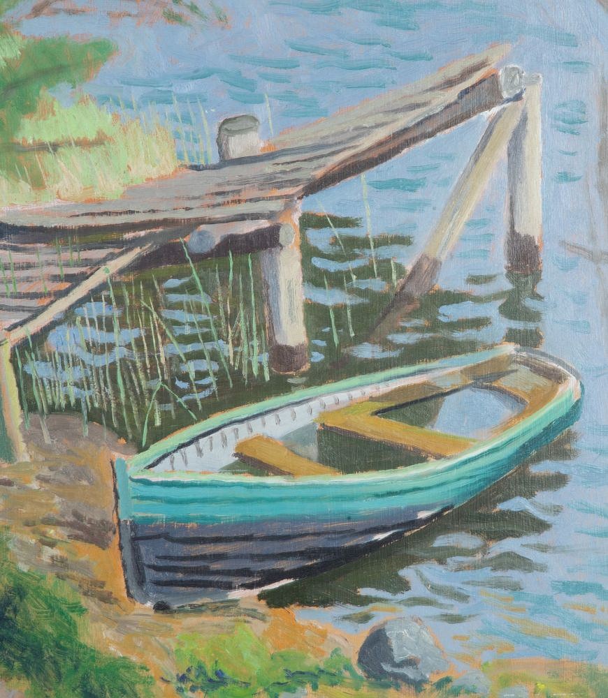 Mid-Century Swedish Oil on Board Painting 'An Old Boat at a Jetty' by Jurgen von Konow WD1243055