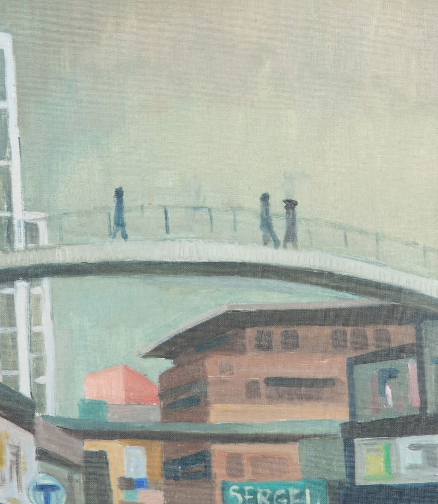 20th Century Swedish Oil on Canvas Painting 'Modernist Bridge Over a Civic Centre' by Harry Wichmann (1926-93) WD1243057