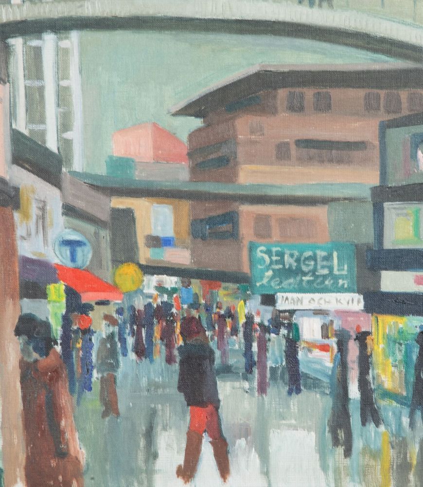 20th Century Swedish Oil on Canvas Painting 'Modernist Bridge Over a Civic Centre' by Harry Wichmann (1926-93) WD1243057