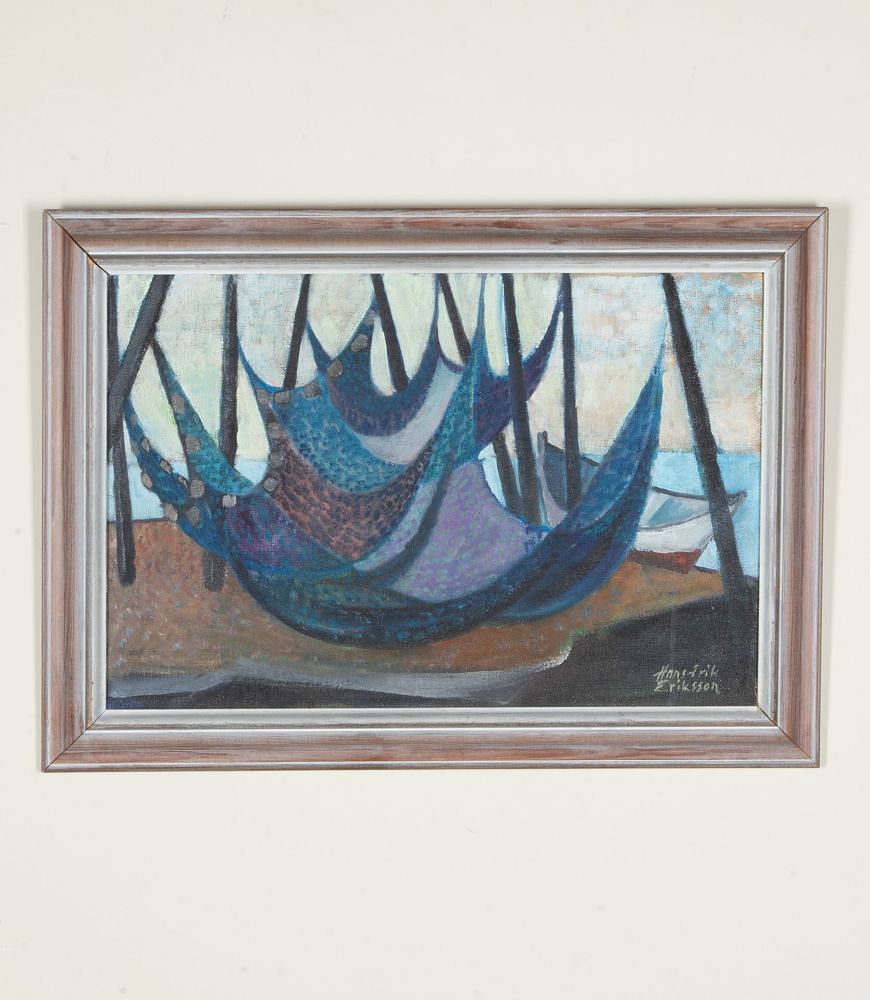 20th Century Swedish Modernist Oil on Board Painting 'Drying Nets' WD1243060