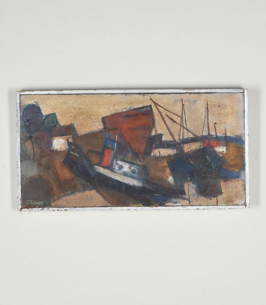 Mid-Century Swedish Modernist Oil on Wooden Panel Painting 'Abstracted Harbour with Tug' WD1243066