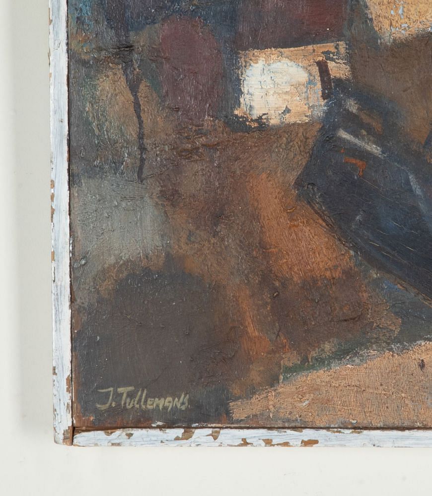 Mid-Century Swedish Modernist Oil on Wooden Panel Painting 'Abstracted Harbour with Tug' WD1243066