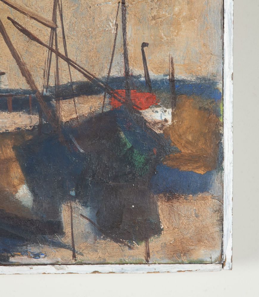 Mid-Century Swedish Modernist Oil on Wooden Panel Painting 'Abstracted Harbour with Tug' WD1243066