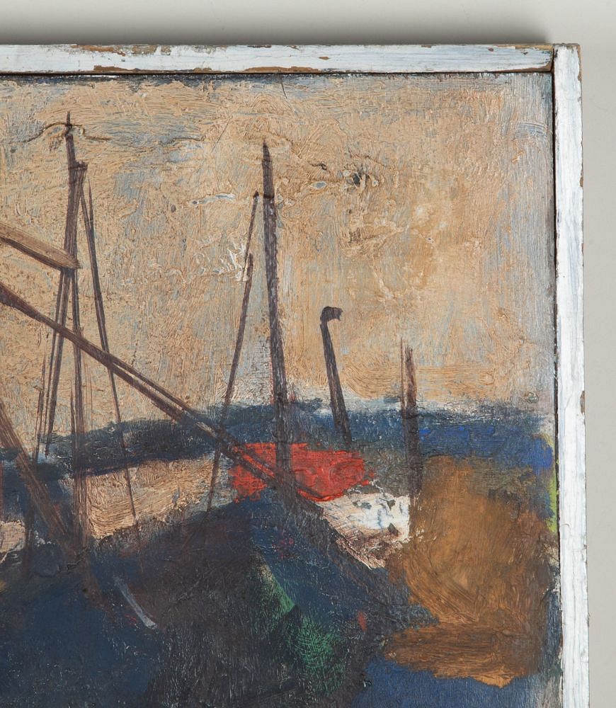 Mid-Century Swedish Modernist Oil on Wooden Panel Painting 'Abstracted Harbour with Tug' WD1243066