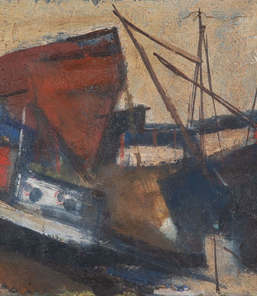 Mid-Century Swedish Modernist Oil on Wooden Panel Painting 'Abstracted Harbour with Tug' WD1243066