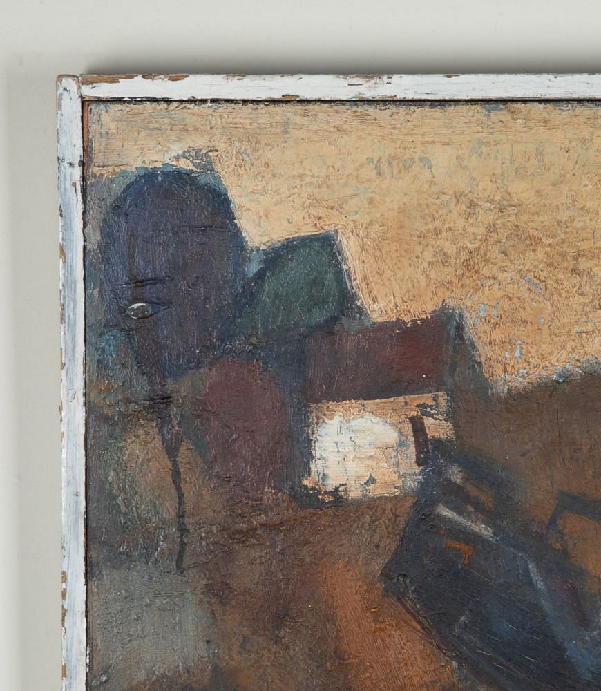Mid-Century Swedish Modernist Oil on Wooden Panel Painting 'Abstracted Harbour with Tug' WD1243066
