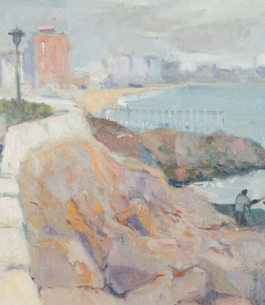 20th Century Spanish Oil on Canvas Painting 'Fishing Off the Rocks in Barcelona' by Antoni Sala Herrero (1927-2012) WD1243068