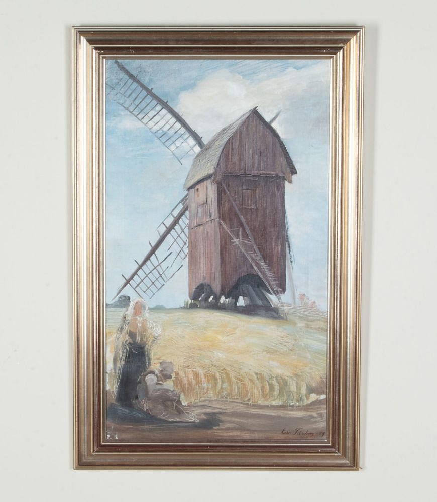 20th Century Swedish Oil on Canvas Painting ‘Harvesters Resting Before a Windmill’ by Evert Farhm (1901-71) WD1243072