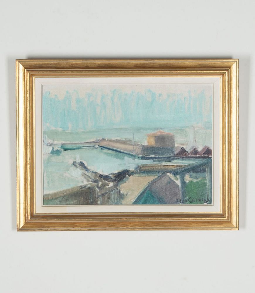 Mid-Century Swedish Oil on Canvas Painting 'Modernist Harbour' WD1243075