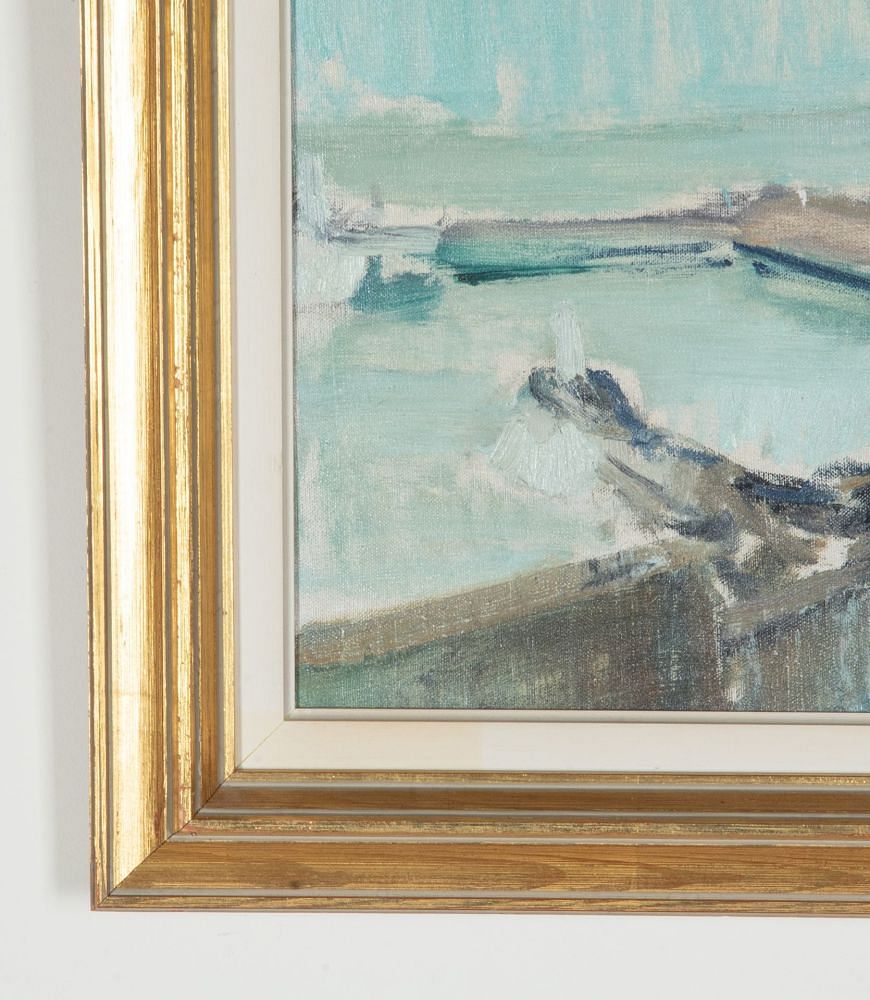 Mid-Century Swedish Oil on Canvas Painting 'Modernist Harbour' WD1243075