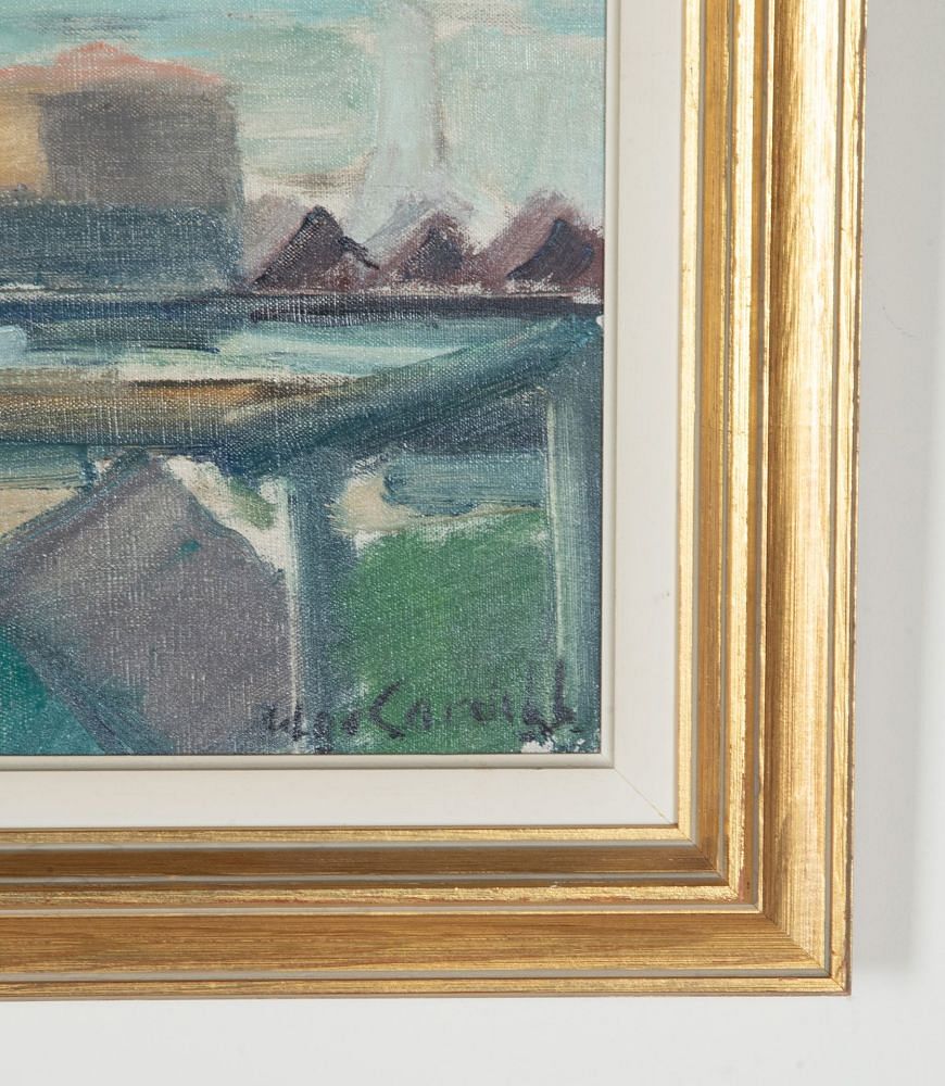Mid-Century Swedish Oil on Canvas Painting 'Modernist Harbour' WD1243075