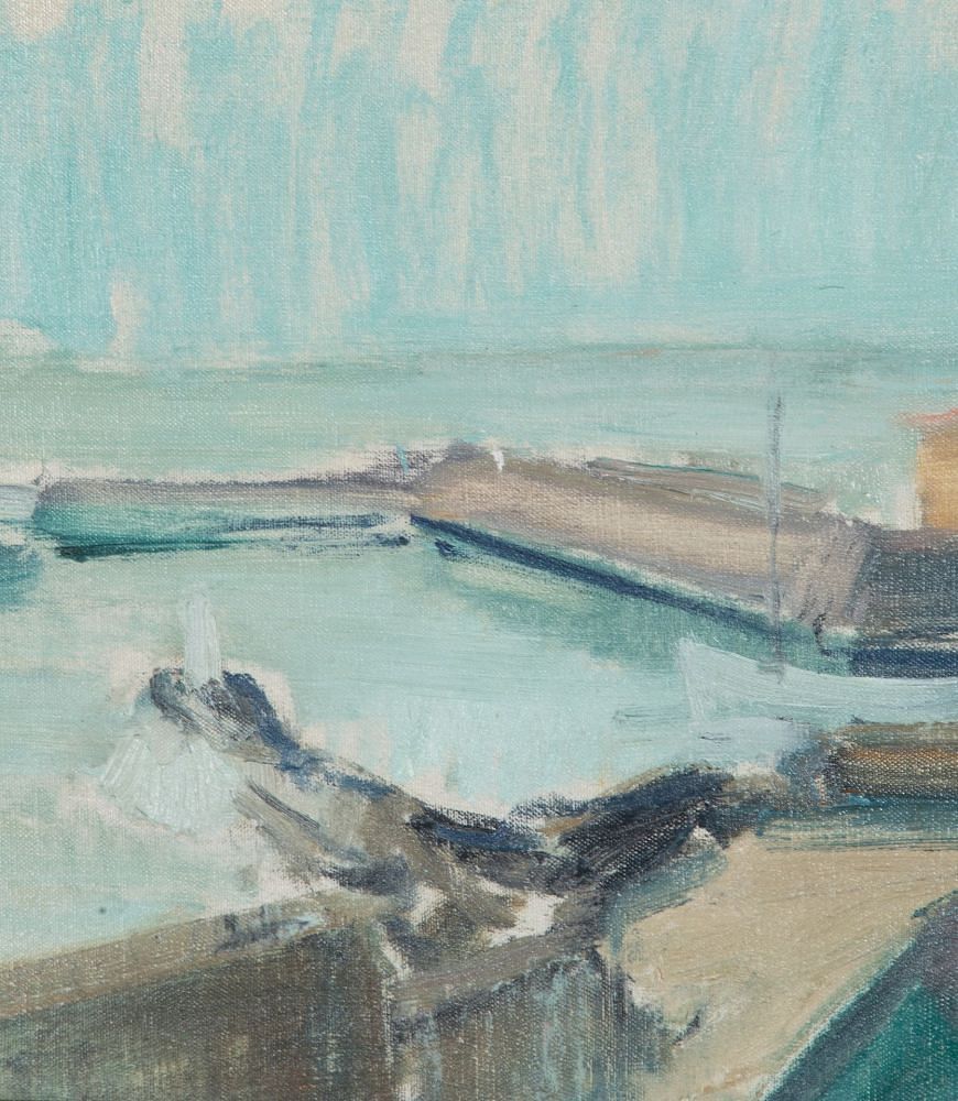 Mid-Century Swedish Oil on Canvas Painting 'Modernist Harbour' WD1243075