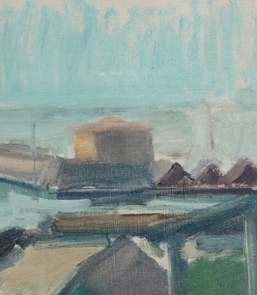 Mid-Century Swedish Oil on Canvas Painting 'Modernist Harbour' WD1243075