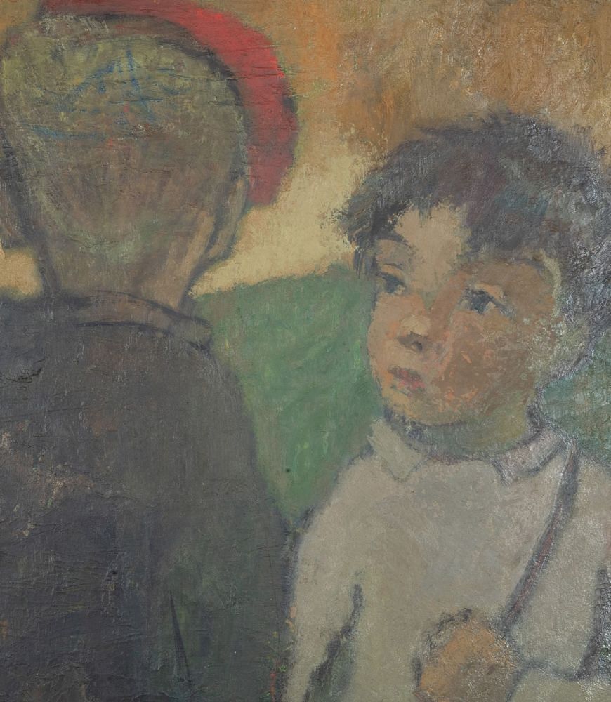 Large Mid-Century Swedish Oil on Board Painting 'Figurative Oil of Two Boys' WD1243084