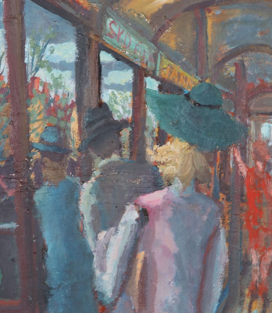 20th Century Swedish Oil on Board Painting 'Figures in a Tram' WD1243097