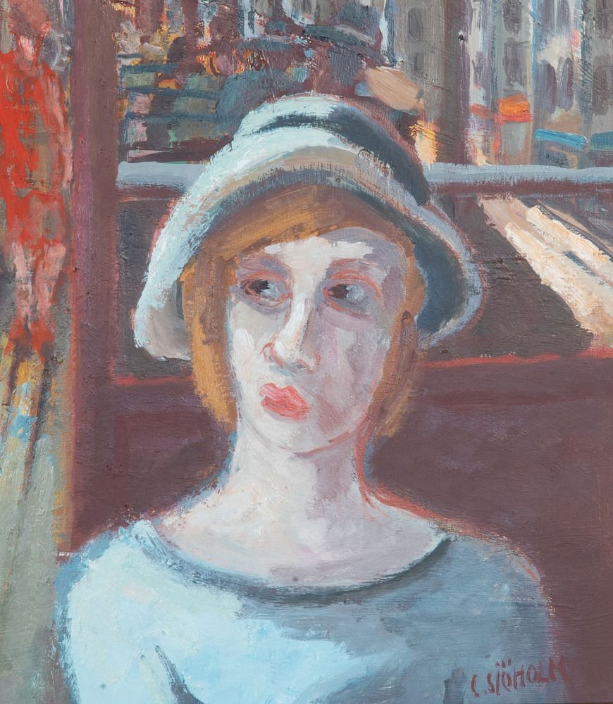 20th Century Swedish Oil on Board Painting 'Figures in a Tram' WD1243097