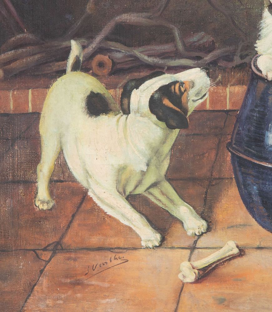 20th Century French Oil Painting 'Jack Russell and Two Cats' WD1541980