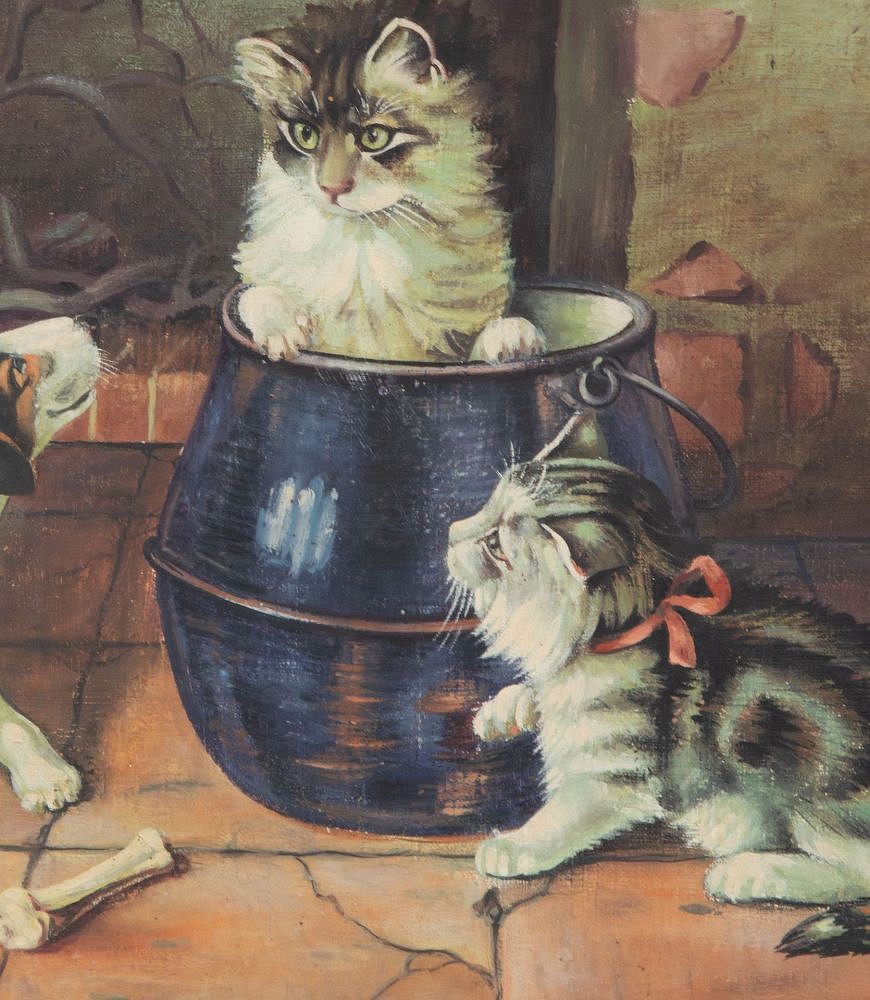 20th Century French Oil Painting 'Jack Russell and Two Cats' WD1541980