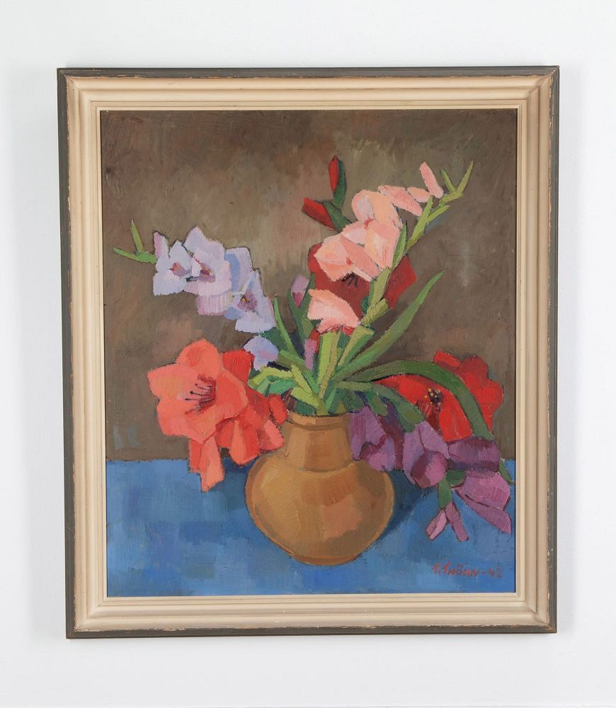 20th Century Swedish Oil on Board of a Vase with Red Flowers WD1838826