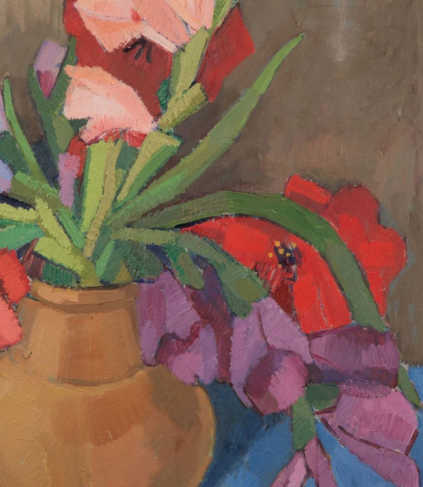 20th Century Swedish Oil on Board of a Vase with Red Flowers WD1838826