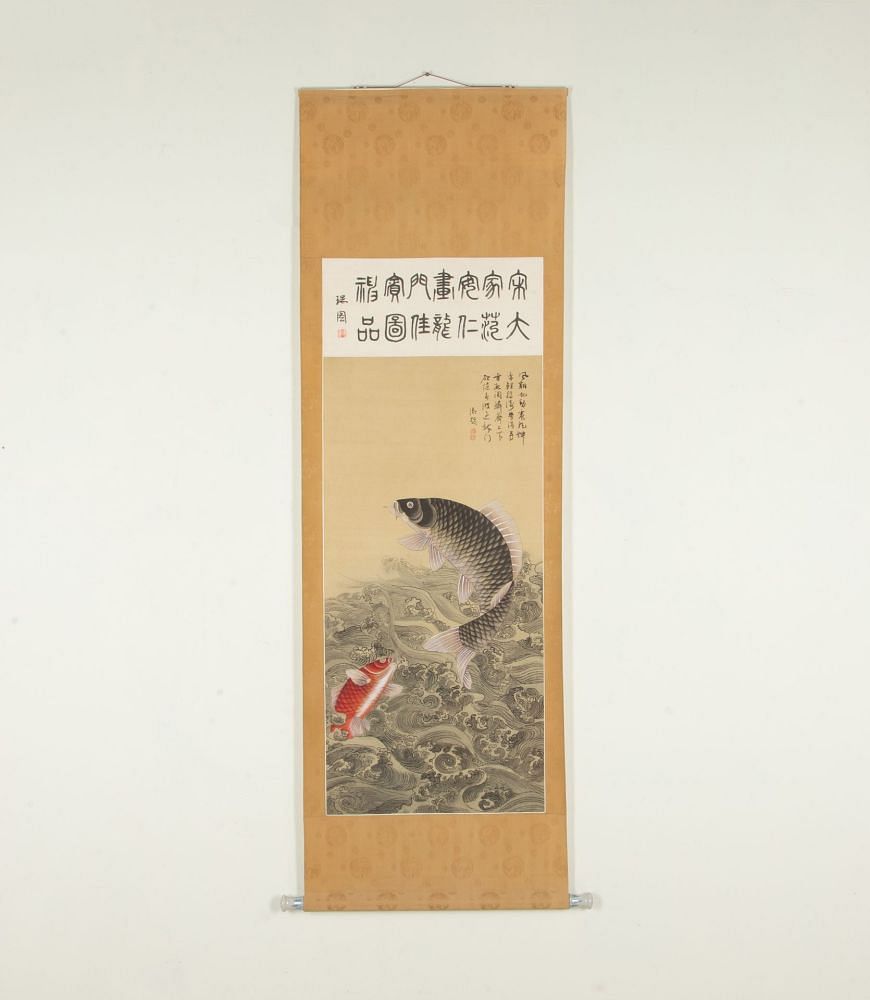 Late 19th Century Chinese Scroll Painting of a Leaping Carp in Waves WD7242766