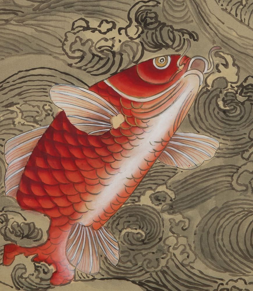 Late 19th Century Chinese Scroll Painting of a Leaping Carp in Waves WD7242766