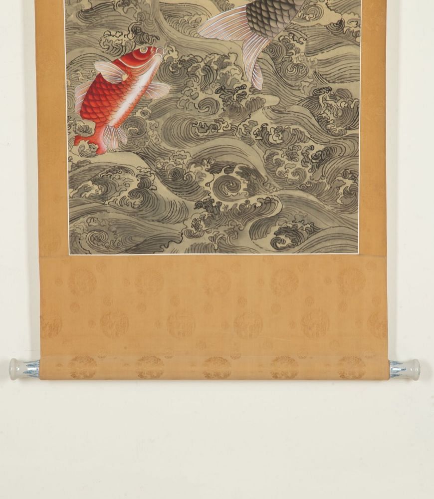 Late 19th Century Chinese Scroll Painting of a Leaping Carp in Waves WD7242766