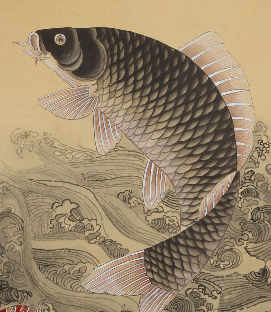 Late 19th Century Chinese Scroll Painting of a Leaping Carp in Waves WD7242766