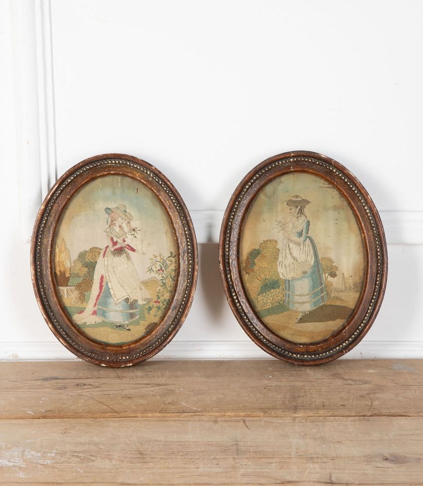 Pair of Georgian Embroidered Needlework Pictures of Maidens WD8036245