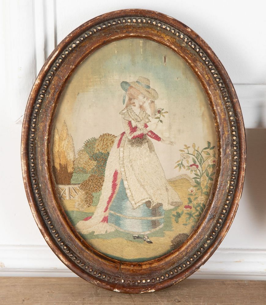 Pair of Georgian Embroidered Needlework Pictures of Maidens WD8036245