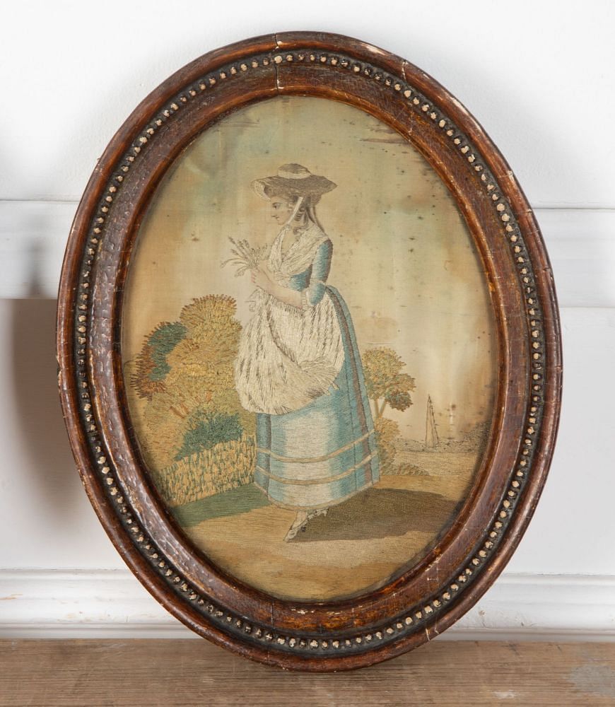 Pair of Georgian Embroidered Needlework Pictures of Maidens WD8036245