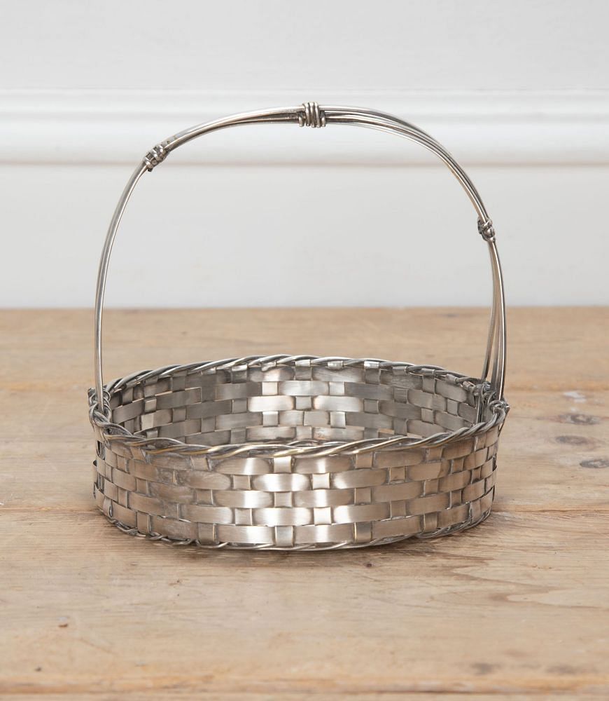 Mid Century Round Silver Plate Woven Bread Basket with Handle DA1534365