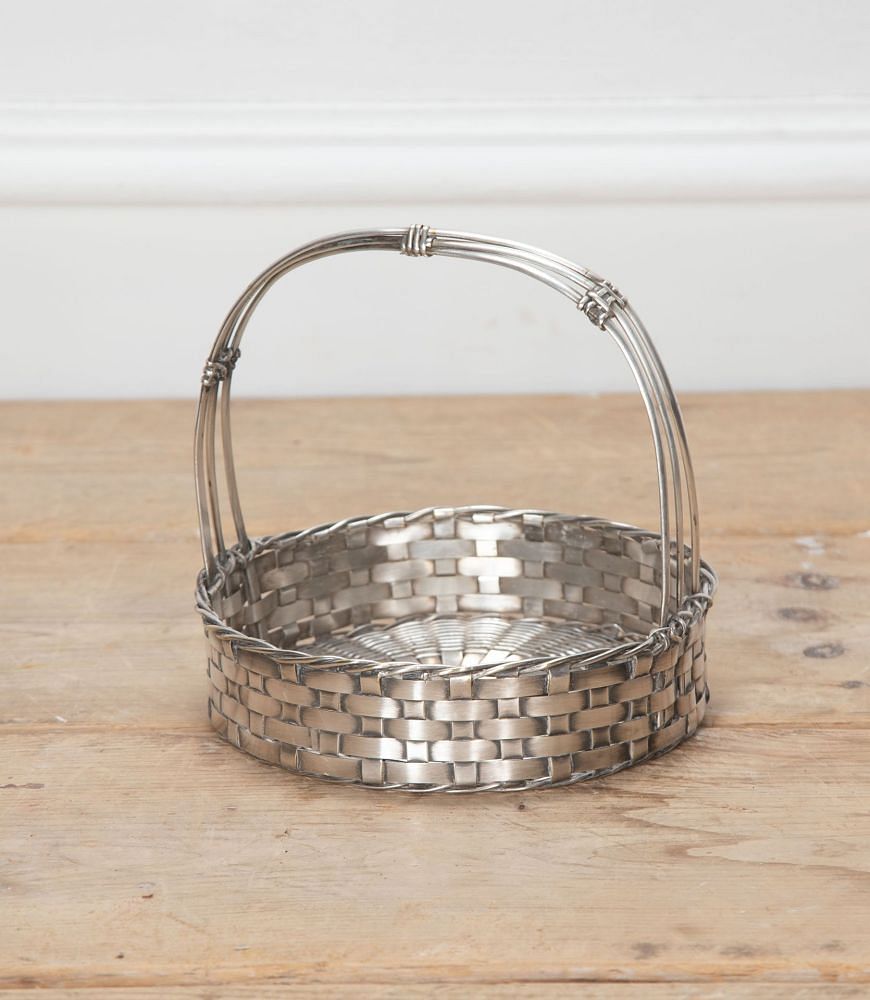 Mid Century Round Silver Plate Woven Bread Basket with Handle DA1534365