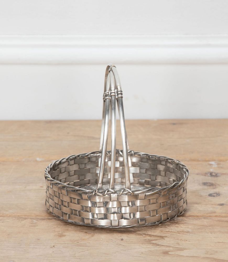 Mid Century Round Silver Plate Woven Bread Basket with Handle DA1534365