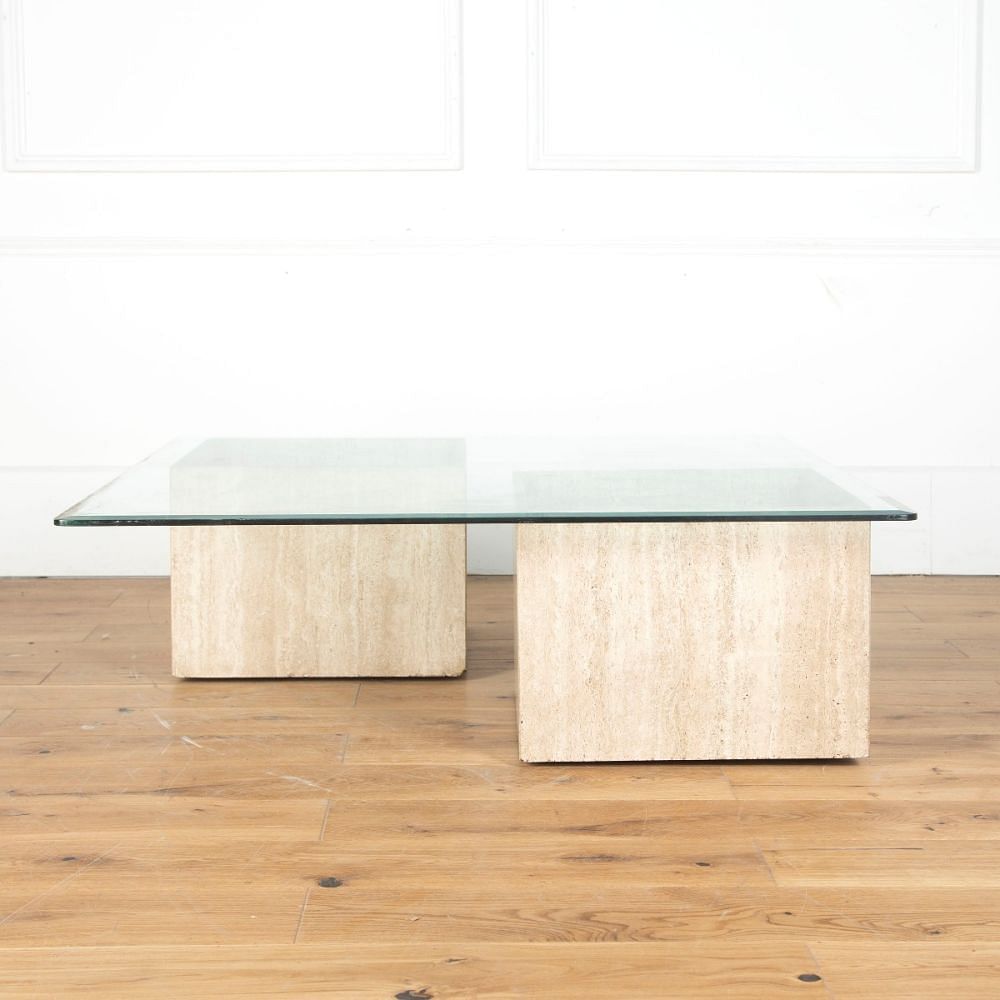 20th Century French Travertine Base and Glass Coffee Table CT3713265