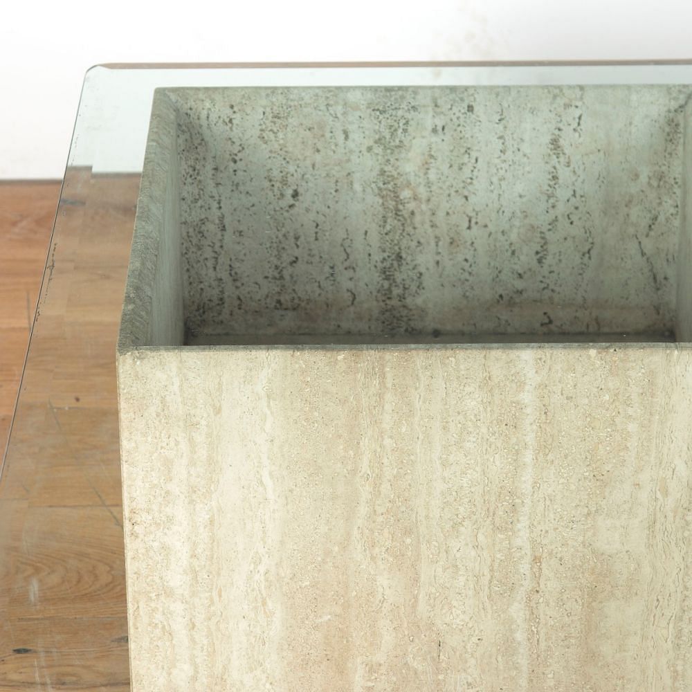20th Century French Travertine Base and Glass Coffee Table CT3713265