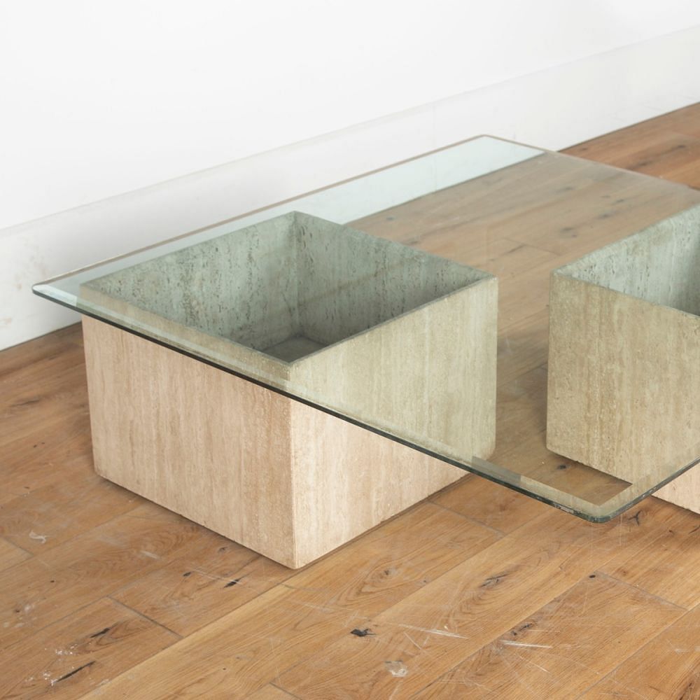 20th Century French Travertine Base and Glass Coffee Table CT3713265