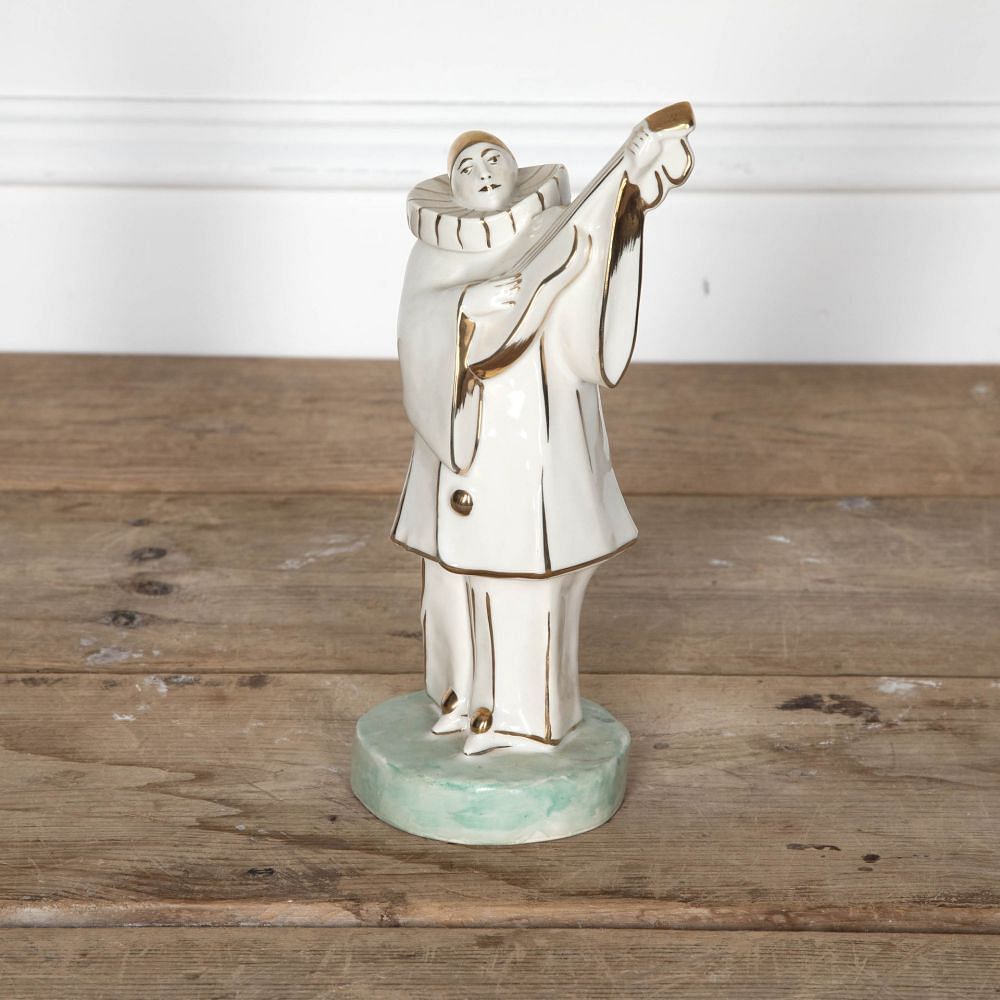 20th Century Limoges Porcelain Pierrot Musician in White and Gold by Edouard Marcel Sandoz DA2932710