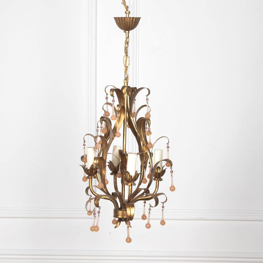 20th Century Small Pretty Gilt Metal Chandelier with Pink Drops LL1529869