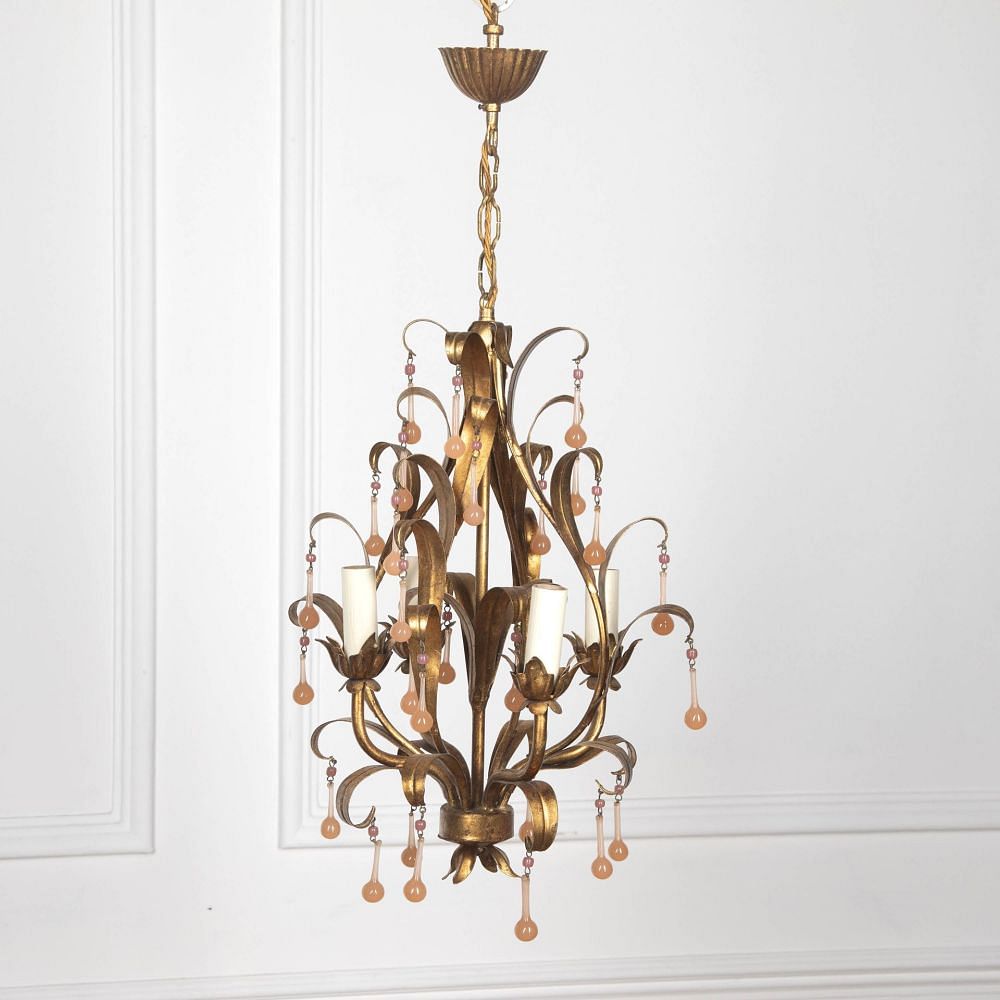 20th Century Small Pretty Gilt Metal Chandelier with Pink Drops LL1529869