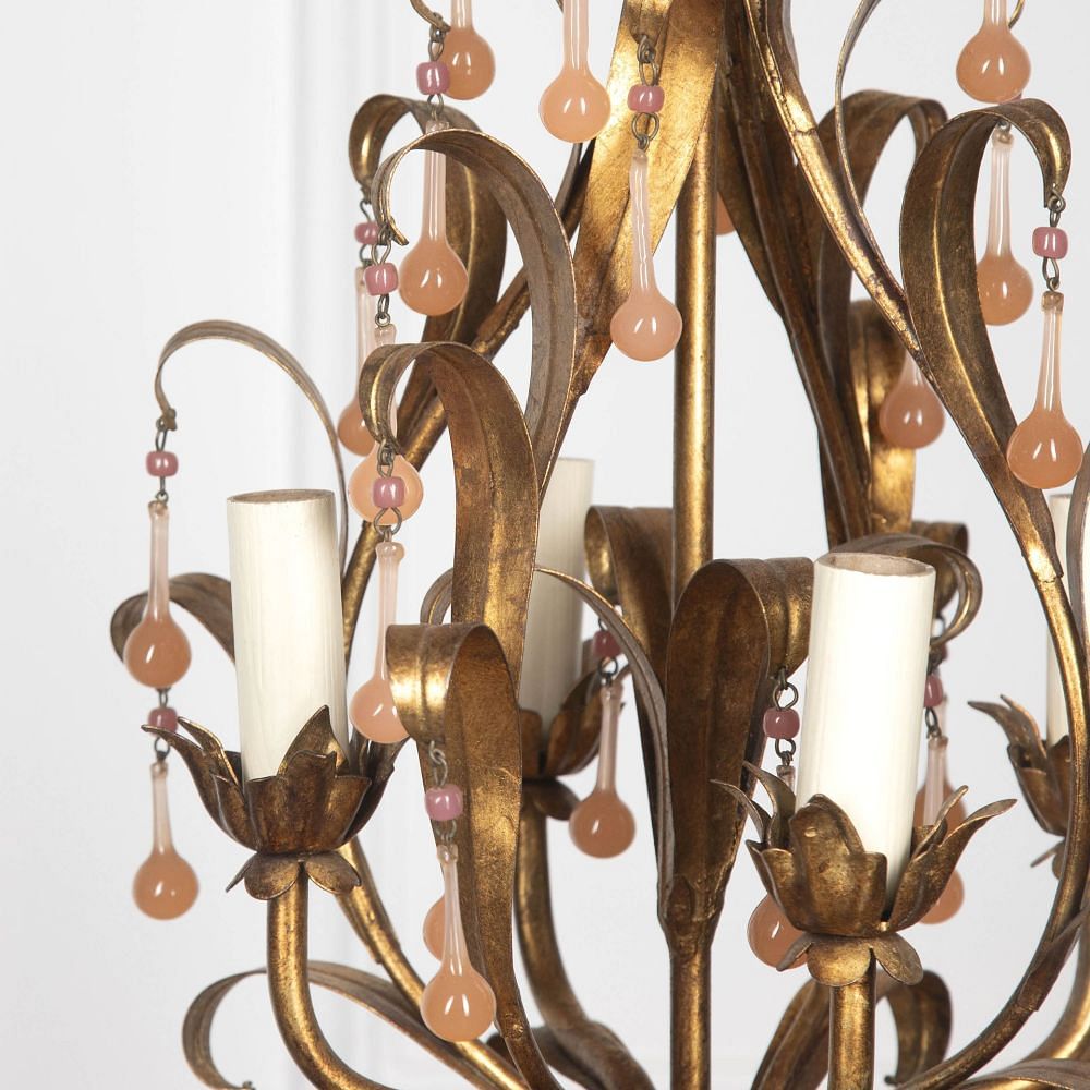 20th Century Small Pretty Gilt Metal Chandelier with Pink Drops LL1529869