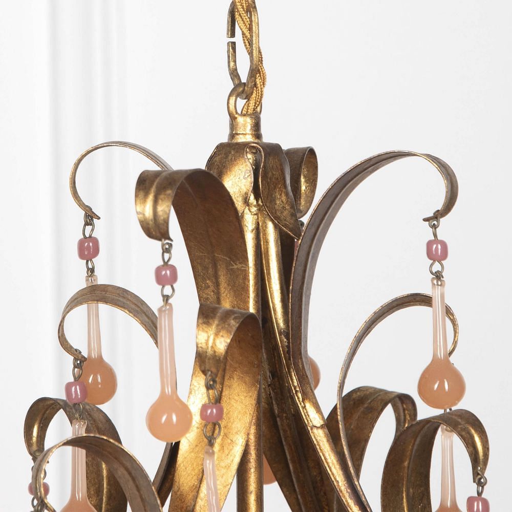 20th Century Small Pretty Gilt Metal Chandelier with Pink Drops LL1529869