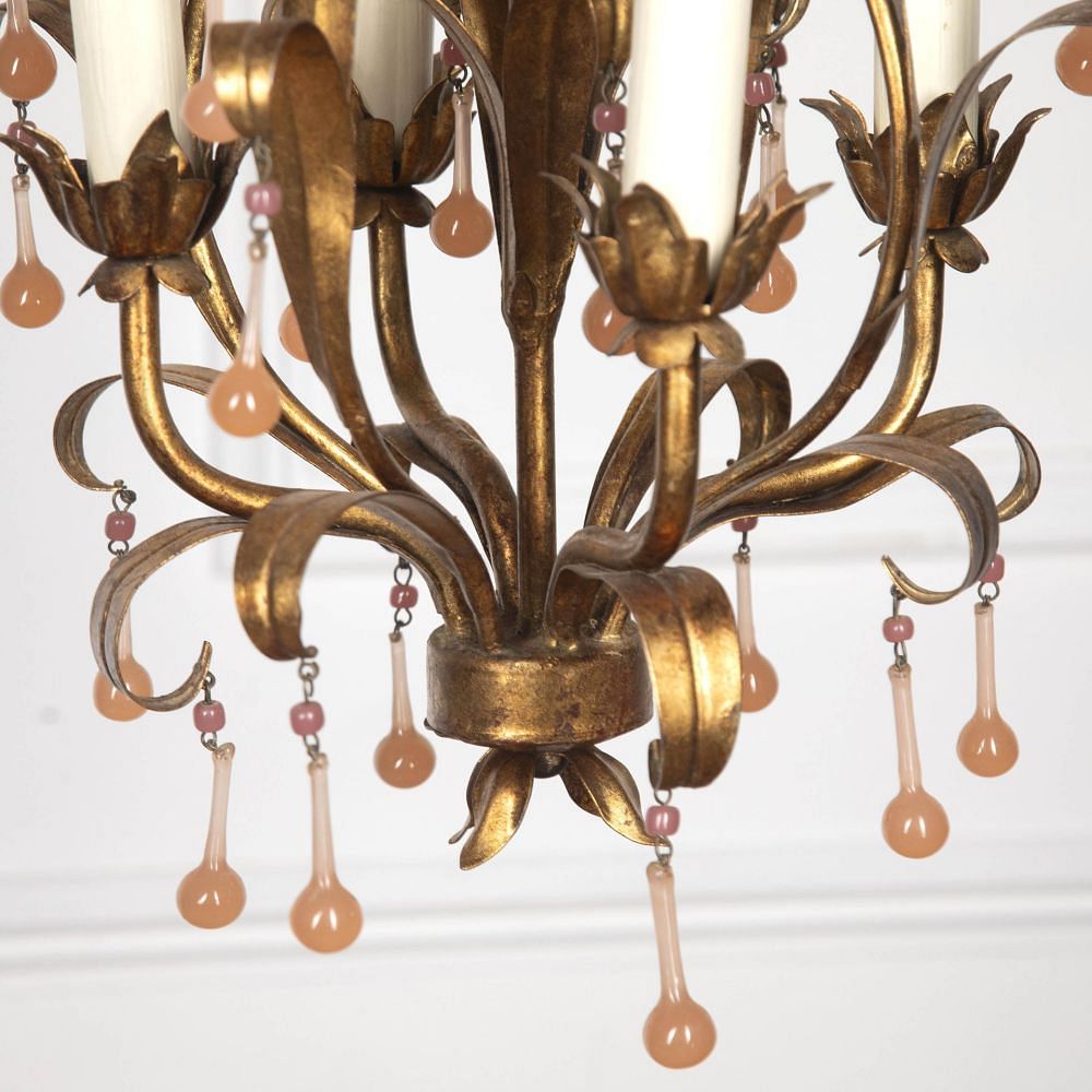 20th Century Small Pretty Gilt Metal Chandelier with Pink Drops LL1529869