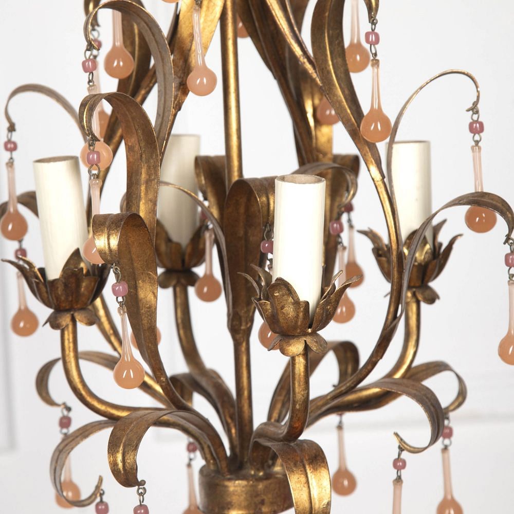 20th Century Small Pretty Gilt Metal Chandelier with Pink Drops LL1529869