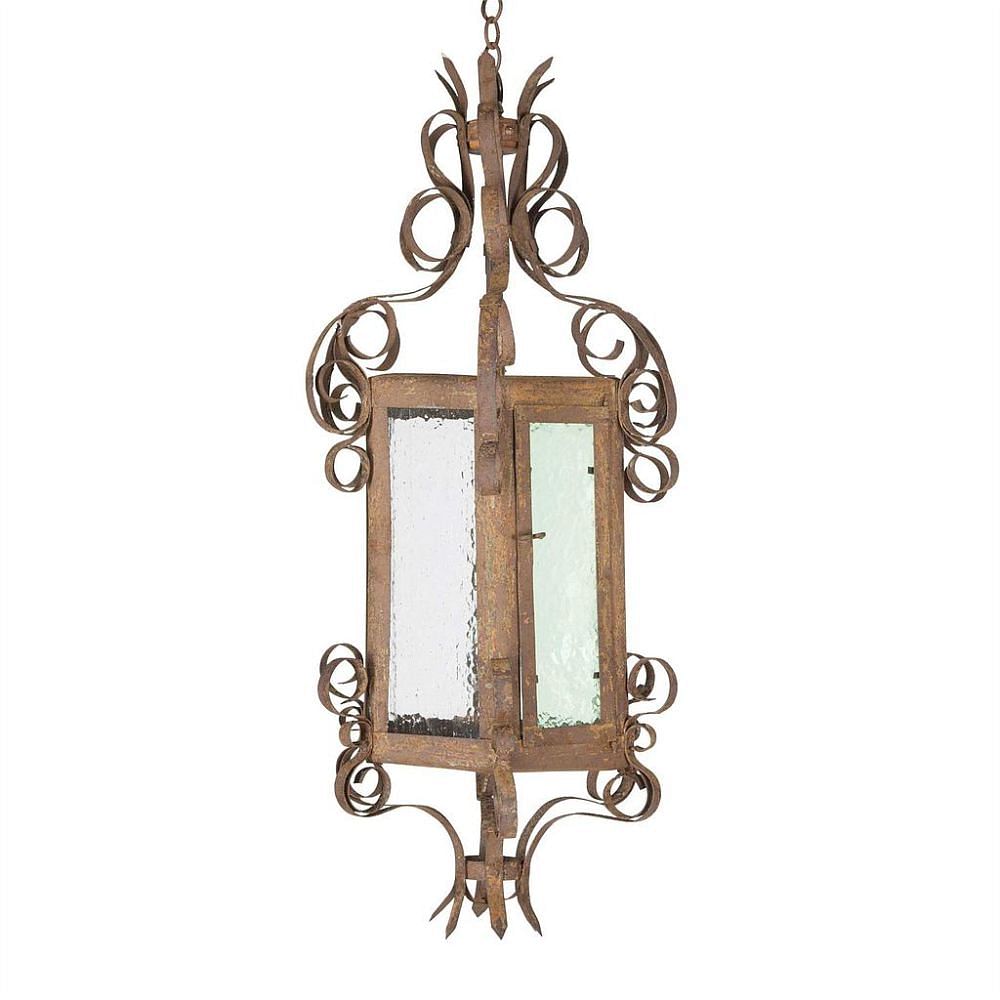 20th Century French Iron Lantern with Green Glass LL2153494