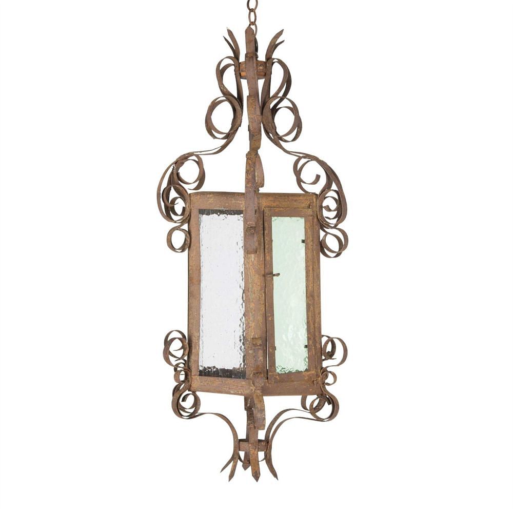 20th Century French Iron Lantern with Green Glass LL2153494