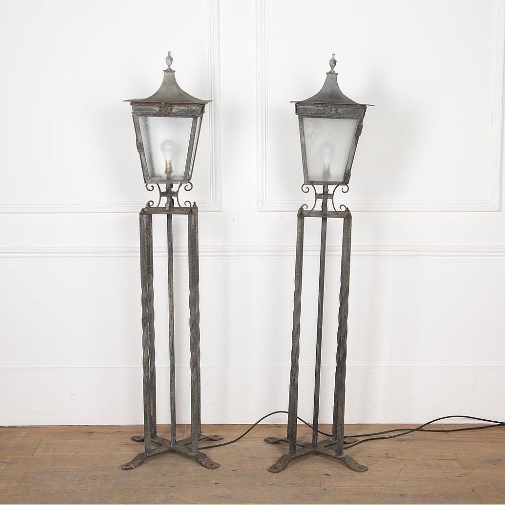 Pair of 20th Century Wrought Iron and Steel Column Lanterns LL3627435