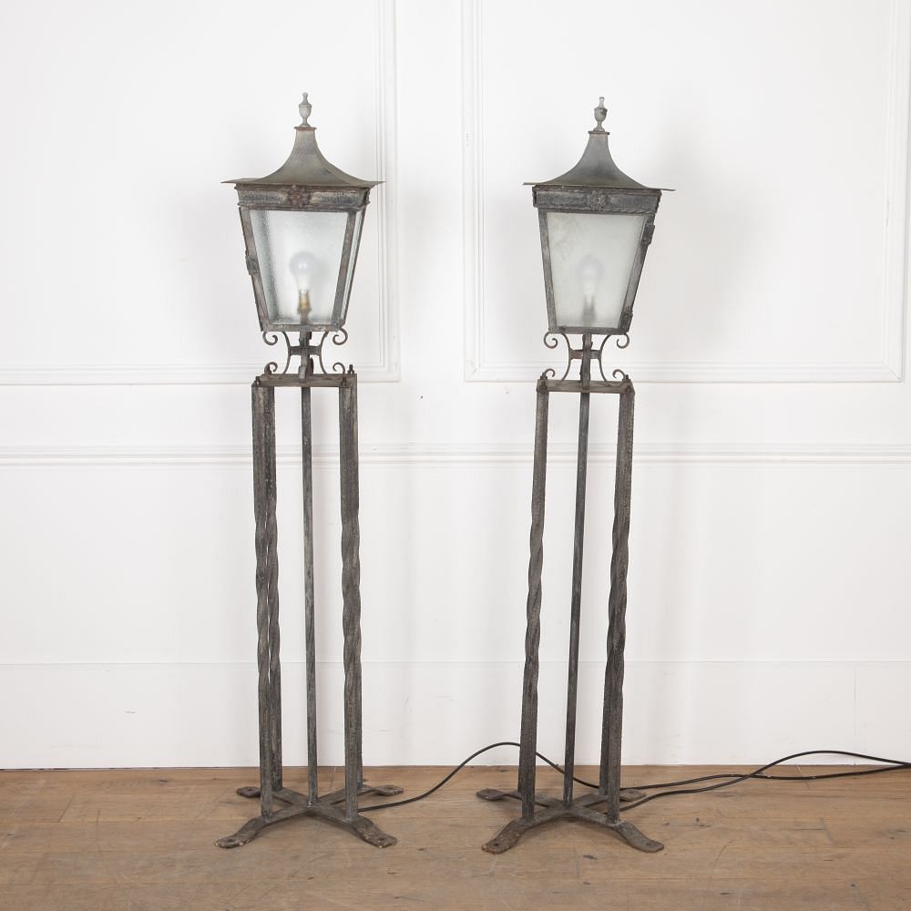 Pair of 20th Century Wrought Iron and Steel Column Lanterns LL3627435