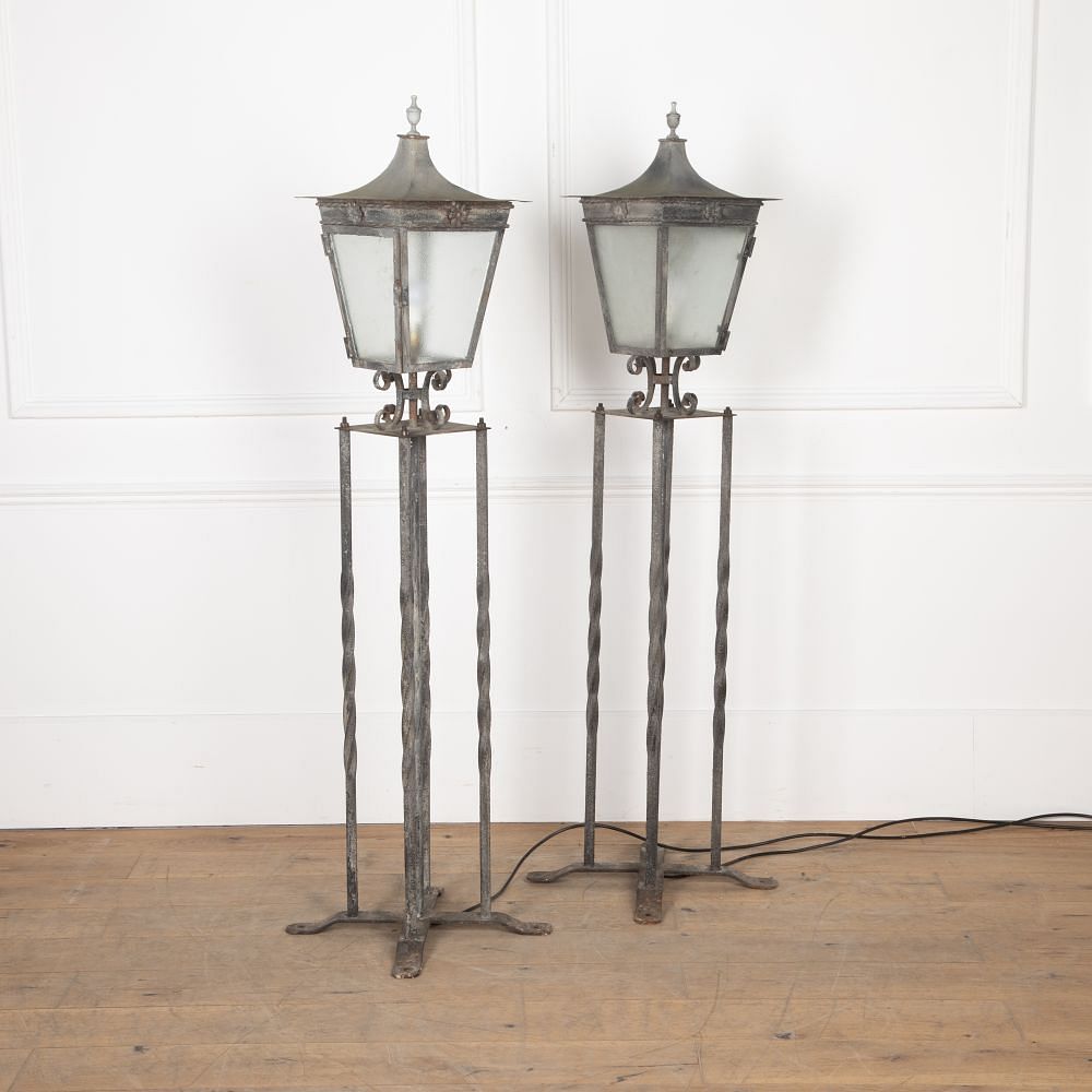 Pair of 20th Century Wrought Iron and Steel Column Lanterns LL3627435