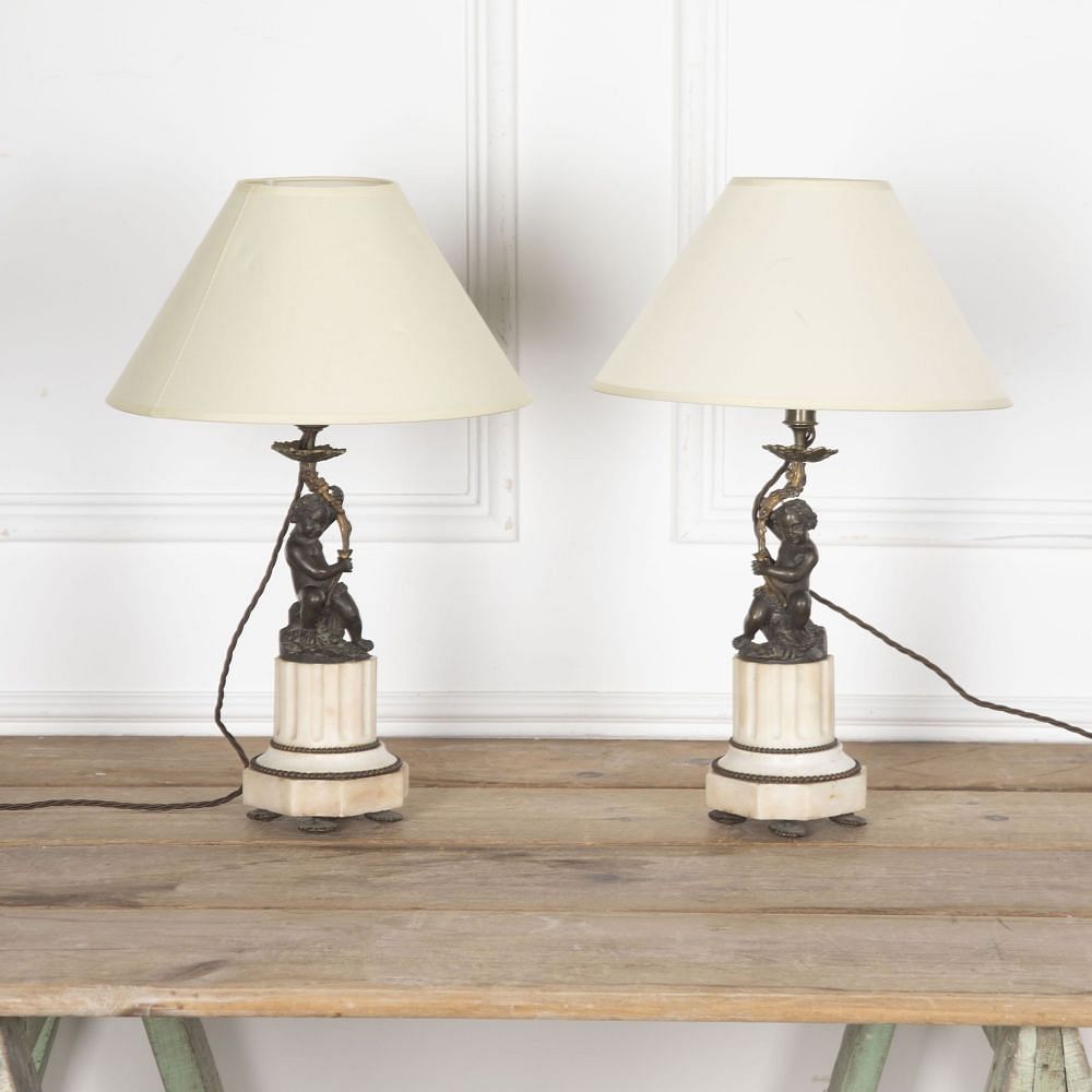 SALE: Pair of 19th Century French Marble and Bronze Cherub Table Lamps LT3730905